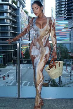 Y2K Aesthetic Printed V-Neck Slim Long Dress for Women - Coquette & Grunge Style Fashion