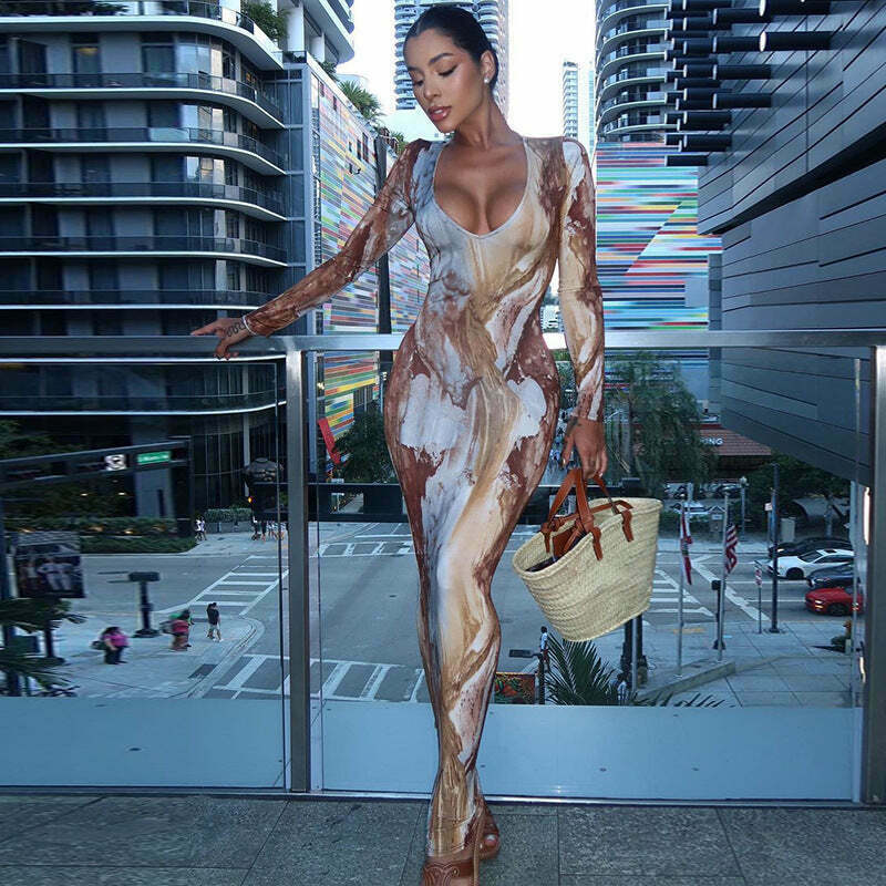 Y2K Aesthetic Printed V-Neck Slim Long Dress for Women - Coquette & Grunge Style Fashion Y2K Aesthetic Printed V-Neck Slim Long Dress for Women - Coquette & Grunge Style Fashion