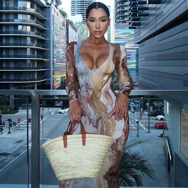 Y2K Aesthetic Printed V-Neck Slim Long Dress for Women - Coquette & Grunge Style Fashion Y2K Aesthetic Printed V-Neck Slim Long Dress for Women - Coquette & Grunge Style Fashion