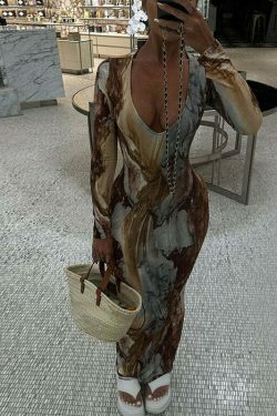 Y2K Aesthetic Printed V-Neck Slim Long Dress for Women - Coquette & Grunge Style Fashion