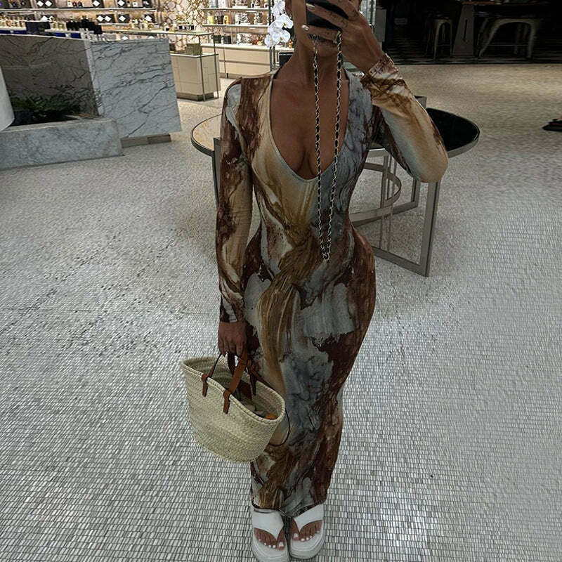 Y2K Aesthetic Printed V-Neck Slim Long Dress for Women - Coquette & Grunge Style Fashion Y2K Aesthetic Printed V-Neck Slim Long Dress for Women - Coquette & Grunge Style Fashion