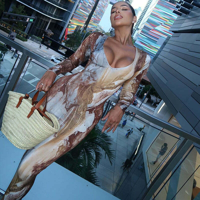 Y2K Aesthetic Printed V-Neck Slim Long Dress for Women - Coquette & Grunge Style Fashion Y2K Aesthetic Printed V-Neck Slim Long Dress for Women - Coquette & Grunge Style Fashion