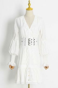 Y2K Aesthetic Puff Sleeve Ruffled Waist V Neck Dress for Women - Coquette & Grunge Style