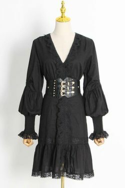 Y2K Aesthetic Puff Sleeve Ruffled Waist V Neck Dress for Women - Coquette & Grunge Style