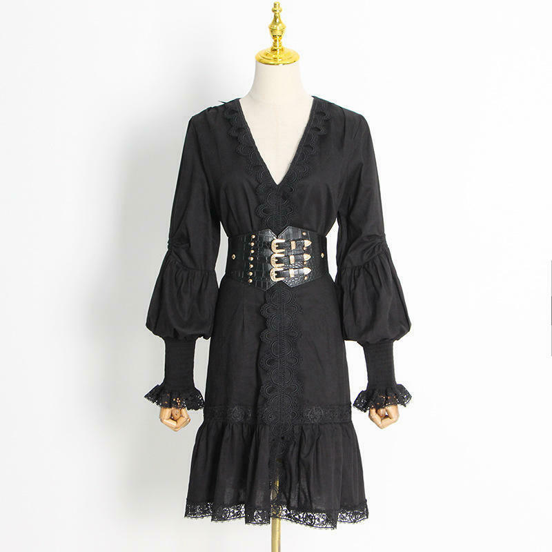 Y2K Aesthetic Puff Sleeve Ruffled Waist V Neck Dress for Women - Coquette & Grunge Style Y2K Aesthetic Puff Sleeve Ruffled Waist V Neck Dress for Women - Coquette & Grunge Style