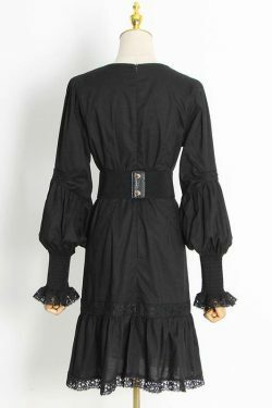 Y2K Aesthetic Puff Sleeve Ruffled Waist V Neck Dress for Women - Coquette & Grunge Style