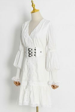 Y2K Aesthetic Puff Sleeve Ruffled Waist V Neck Dress for Women - Coquette & Grunge Style