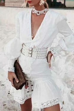 Y2K Aesthetic Puff Sleeve Ruffled Waist V Neck Dress for Women - Coquette & Grunge Style