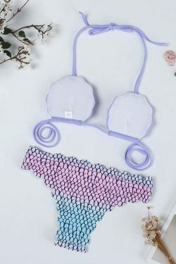 Y2K Aesthetic Purple Shell Wave Halter String Backless Bikini Swimsuit