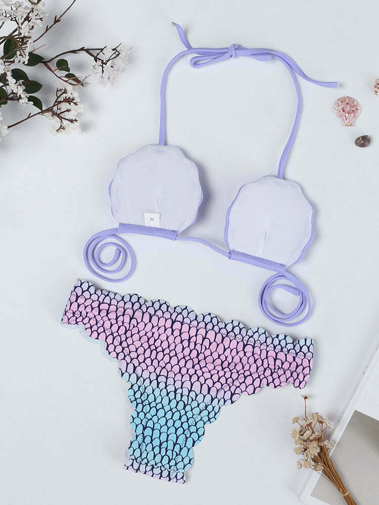 Y2K Aesthetic Purple Shell Wave Halter String Backless Bikini Swimsuit Y2K Aesthetic Purple Shell Wave Halter String Backless Bikini Swimsuit