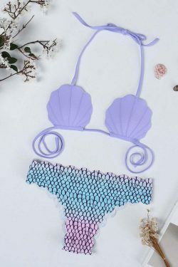 Y2K Aesthetic Purple Shell Wave Halter String Backless Bikini Swimsuit