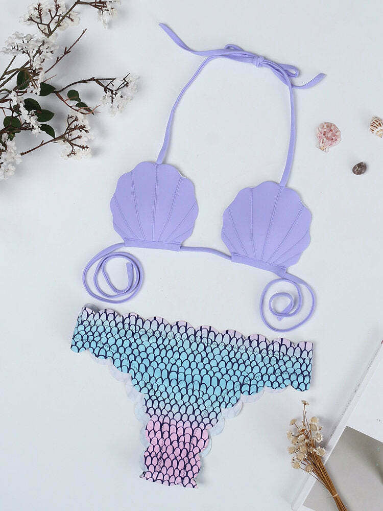 Y2K Aesthetic Purple Shell Wave Halter String Backless Bikini Swimsuit Y2K Aesthetic Purple Shell Wave Halter String Backless Bikini Swimsuit