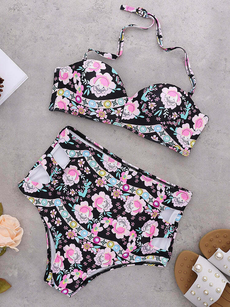 Y2K Aesthetic Push Up High Waist Printed Bikini Set - Coquette Fashion Swimwear