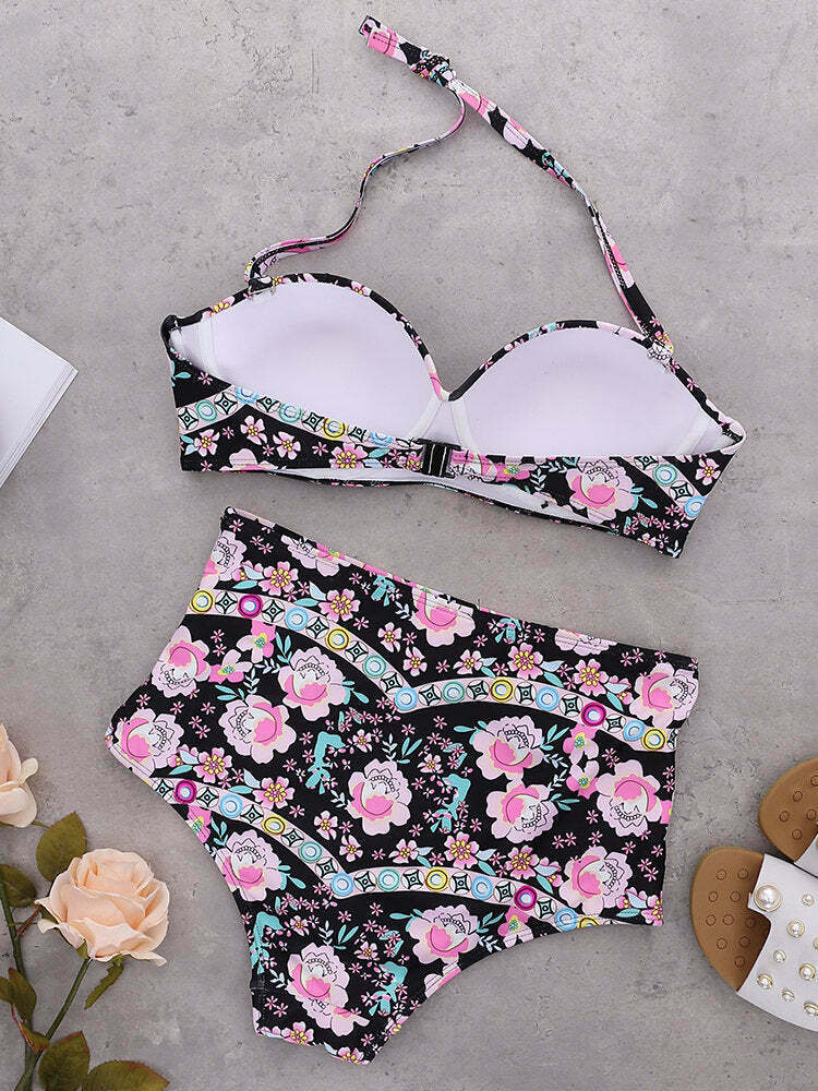 Y2K Aesthetic Push Up High Waist Printed Bikini Set - Coquette Fashion Swimwear