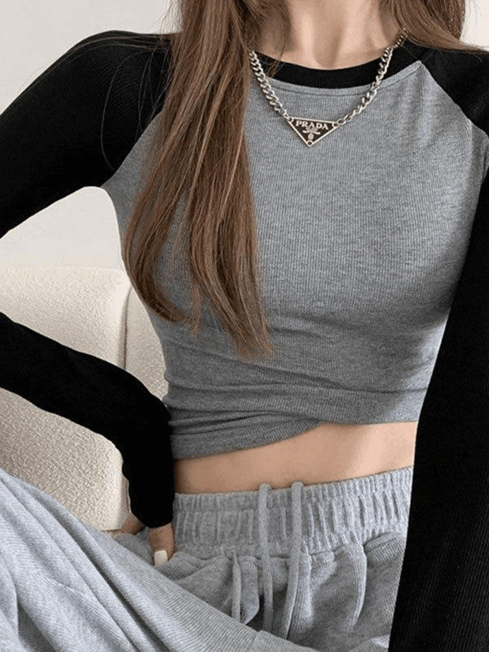 Y2K Aesthetic Raglan Sleeve Rib Crop Top for Women - Coquette & Grunge Style Fashion