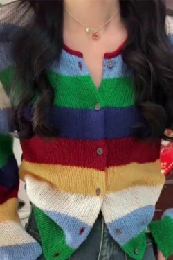 Y2K Aesthetic Rainbow Stripe Cardigan - Coquette & Grunge Style, Cute Tops, Pastel Goth, Cargo Skirt
