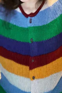 Y2K Aesthetic Rainbow Stripe Cardigan - Coquette & Grunge Style, Cute Tops, Pastel Goth, Cargo Skirt