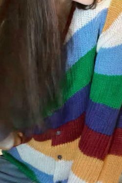 Y2K Aesthetic Rainbow Stripe Cardigan - Coquette & Grunge Style, Cute Tops, Pastel Goth, Cargo Skirt
