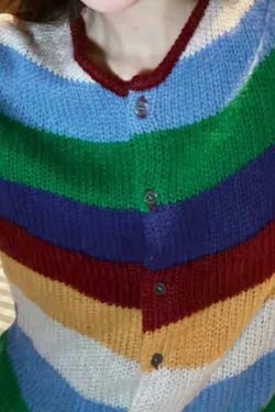 Y2K Aesthetic Rainbow Stripe Cardigan - Coquette & Grunge Style, Cute Tops, Pastel Goth, Cargo Skirt