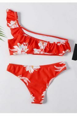 Y2K Aesthetic Red Floral Print One Shoulder Bikini