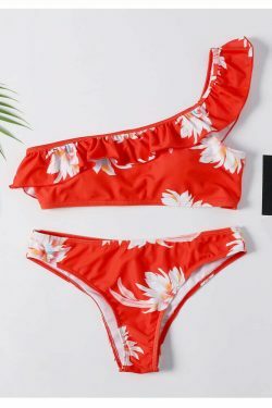 Y2K Aesthetic Red Floral Print One Shoulder Bikini