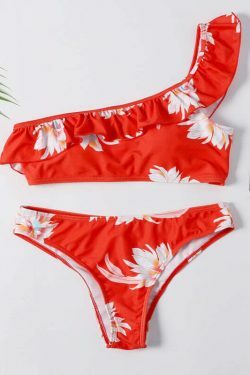 Y2K Aesthetic Red Floral Print One Shoulder Bikini