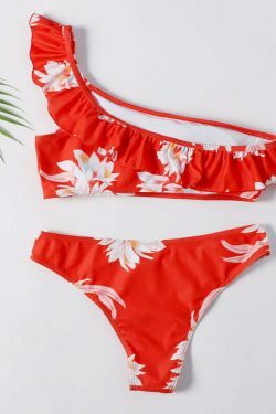 Y2K Aesthetic Red Floral Print One Shoulder Bikini