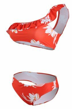 Y2K Aesthetic Red Floral Print One Shoulder Bikini