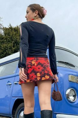 Y2K Aesthetic Red Floral Skirt - Coquette Style Grunge Fashion Women's Clothing