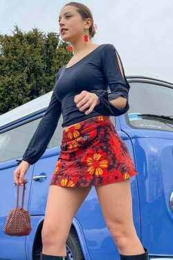 Y2K Aesthetic Red Floral Skirt - Coquette Style Grunge Fashion Women's Clothing