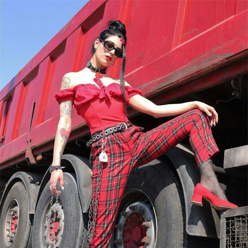 Y2K Aesthetic Red Plaid Cargo Skirt - Coquette Grunge Fashion for Women Y2K Aesthetic Red Plaid Cargo Skirt - Coquette Grunge Fashion for Women