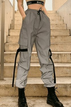 Y2K Aesthetic Reflective Parachute Cargo Pants - Coquette Grunge Style for Women