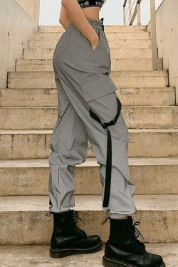Y2K Aesthetic Reflective Parachute Cargo Pants - Coquette Grunge Style for Women