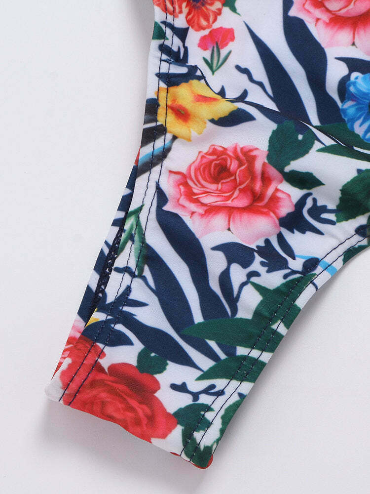 Y2K Aesthetic Retro Double Straps Criss Cross Backless Printed Bikinis Swimwear