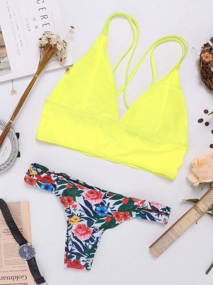 Y2K Aesthetic Retro Double Straps Criss Cross Backless Printed Bikinis Swimwear