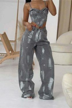 Y2K Aesthetic Retro Jeans Loose Straight Two-Piece Set for Niche Women Fashion
