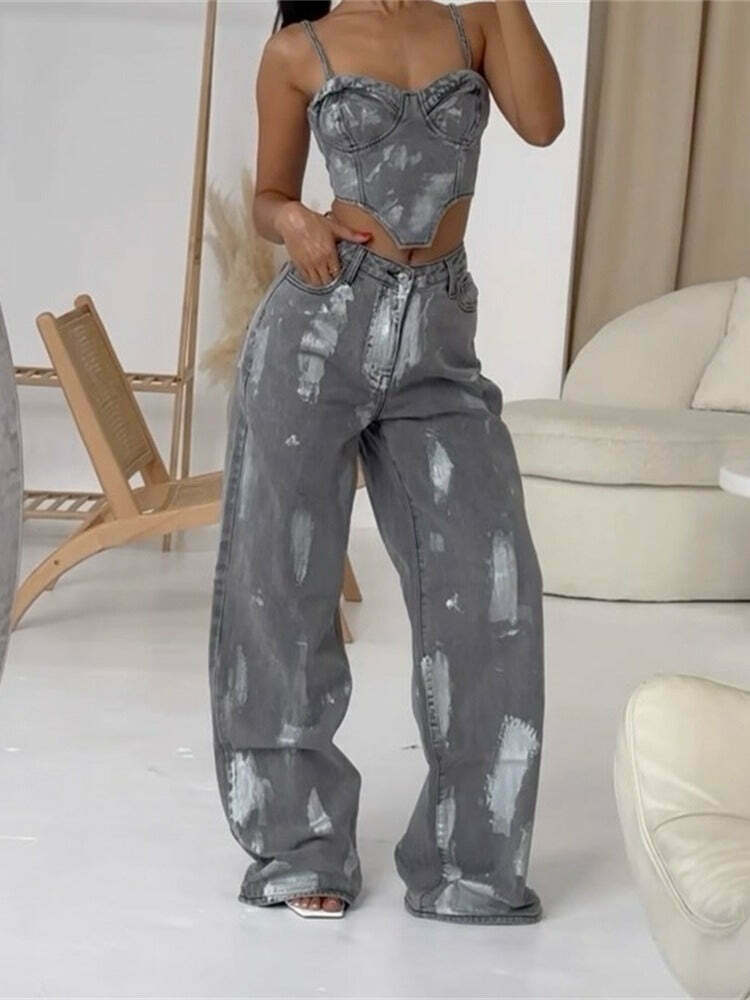 Y2K Aesthetic Retro Jeans Loose Straight Two-Piece Set for Niche Women Fashion Y2K Aesthetic Retro Jeans Loose Straight Two-Piece Set for Niche Women Fashion
