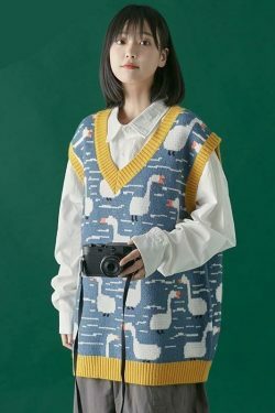 Y2K Aesthetic Retro V-Neck Loose Vest for Women - Coquette & Grunge Style Fashion