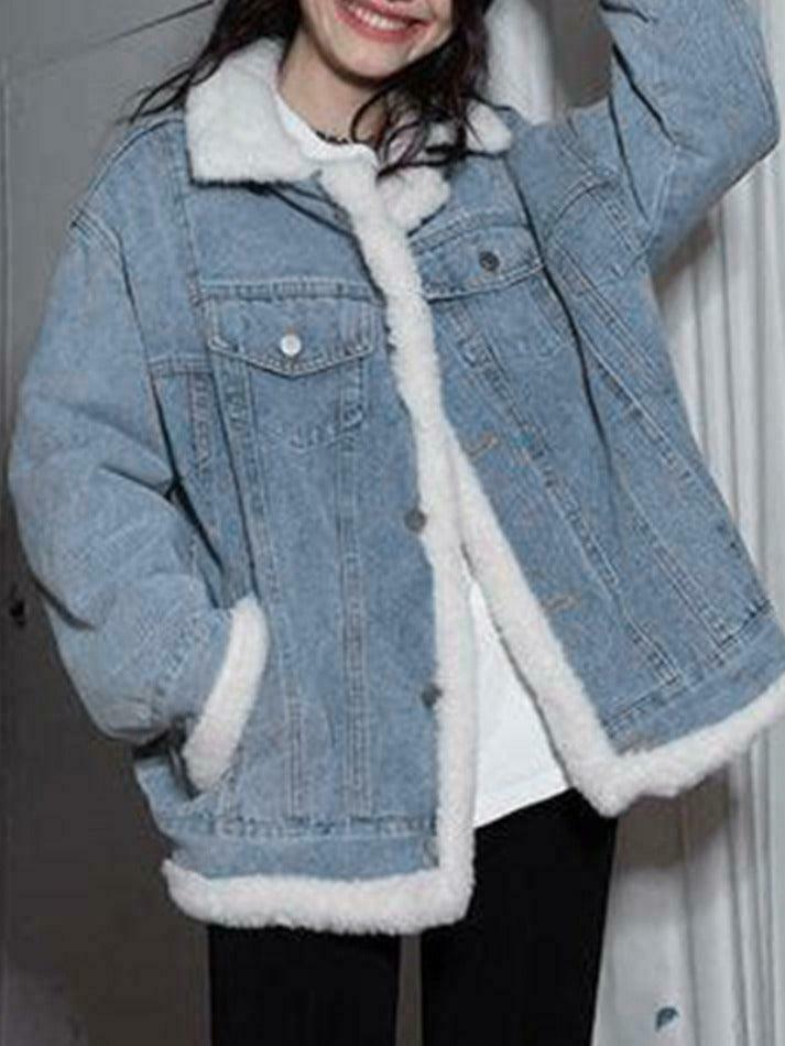 Y2K Aesthetic Reversible Denim Fleece Jacket - Coquette Style & Grunge Vibes Y2K Aesthetic Reversible Denim Fleece Jacket - Coquette Style & Grunge Vibes