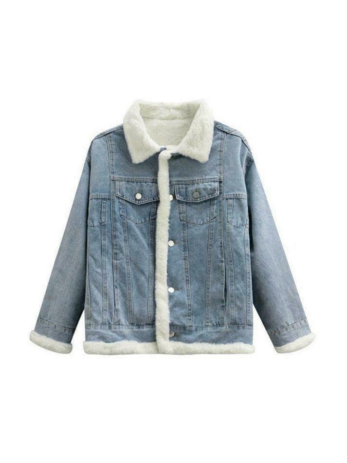Y2K Aesthetic Reversible Denim Fleece Jacket - Coquette Style & Grunge Vibes Y2K Aesthetic Reversible Denim Fleece Jacket - Coquette Style & Grunge Vibes