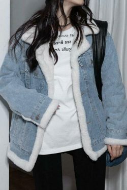 Y2K Aesthetic Reversible Denim Fleece Jacket - Coquette Style & Grunge Vibes