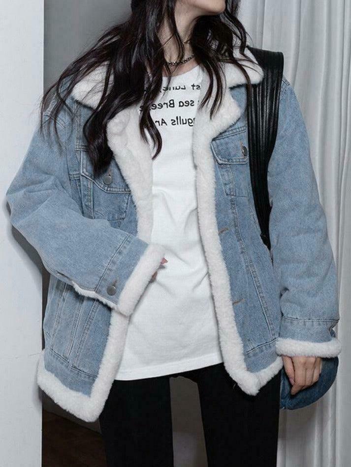 Y2K Aesthetic Reversible Denim Fleece Jacket - Coquette Style & Grunge Vibes Y2K Aesthetic Reversible Denim Fleece Jacket - Coquette Style & Grunge Vibes