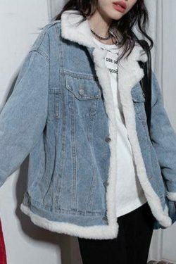 Y2K Aesthetic Reversible Denim Fleece Jacket - Coquette Style & Grunge Vibes