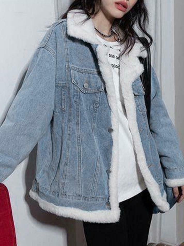 Y2K Aesthetic Reversible Denim Fleece Jacket - Coquette Style & Grunge Vibes Y2K Aesthetic Reversible Denim Fleece Jacket - Coquette Style & Grunge Vibes