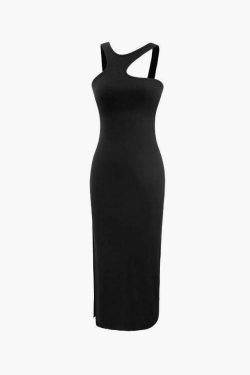Y2K Aesthetic Rib Knit Midi Dress with Asymmetric Slit - Coquette & Grunge Style