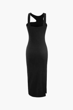 Y2K Aesthetic Rib Knit Midi Dress with Asymmetric Slit - Coquette & Grunge Style