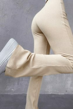 Y2K Aesthetic Ribbed Flare Leg Pants - Coquette Grunge Pastel Goth