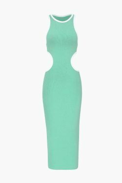 Y2K Aesthetic Ribbed Knit Cutout Sleeveless Midi Dress for Women - Coquette & Grunge Style