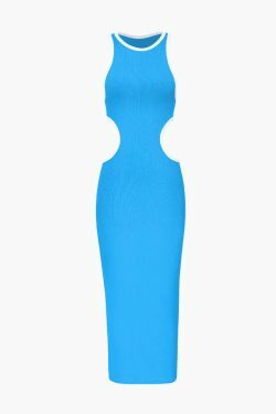 Y2K Aesthetic Ribbed Knit Cutout Sleeveless Midi Dress for Women - Coquette & Grunge Style