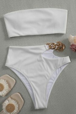 Y2K Aesthetic Ribbed Lettuce Trim Bandeau Bikini Swimwear